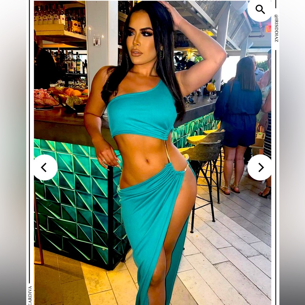 🦋 New Aqua Blue 🦋 cut out Maxi Dress One Shoulder high slit Medium